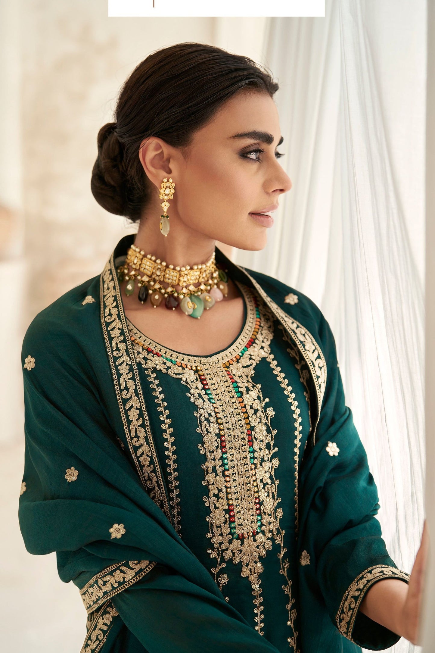 Teal Grean Chinon Silk Salwar suit - Thread Embroidery Work