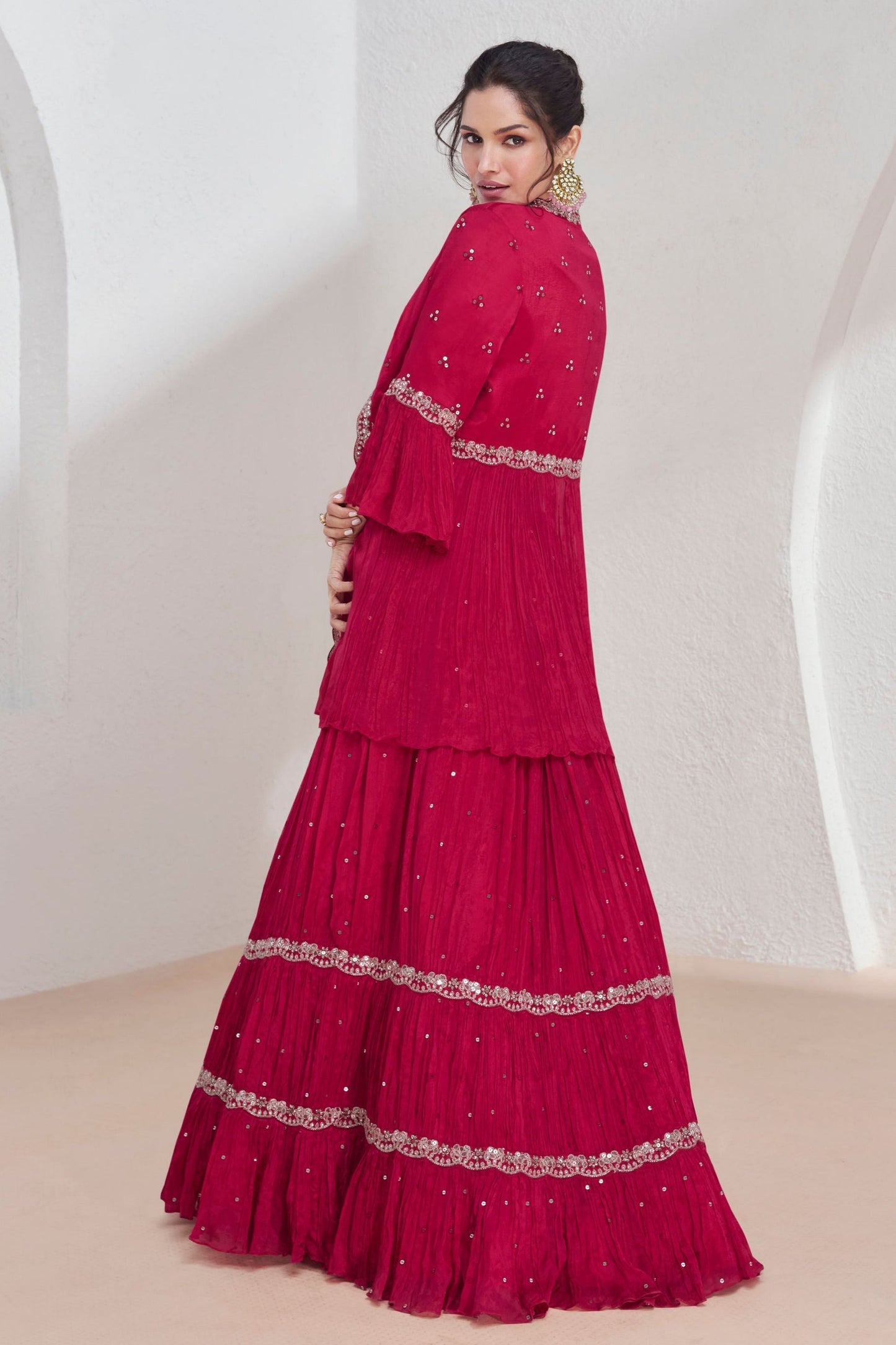 Reddish Pink Georgette Lehenga Choli with Koti For Wedding &  Festival - Embroidery Work