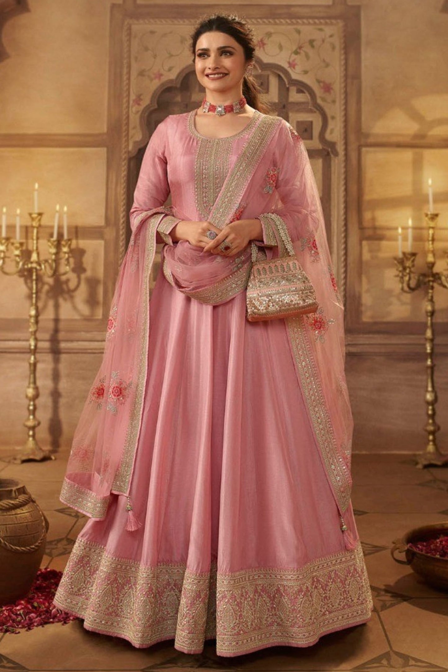 Light Pink Dola Silk Full Floor Length Anarkali Suit For  Festivals &  Wedding - Embroidery Work