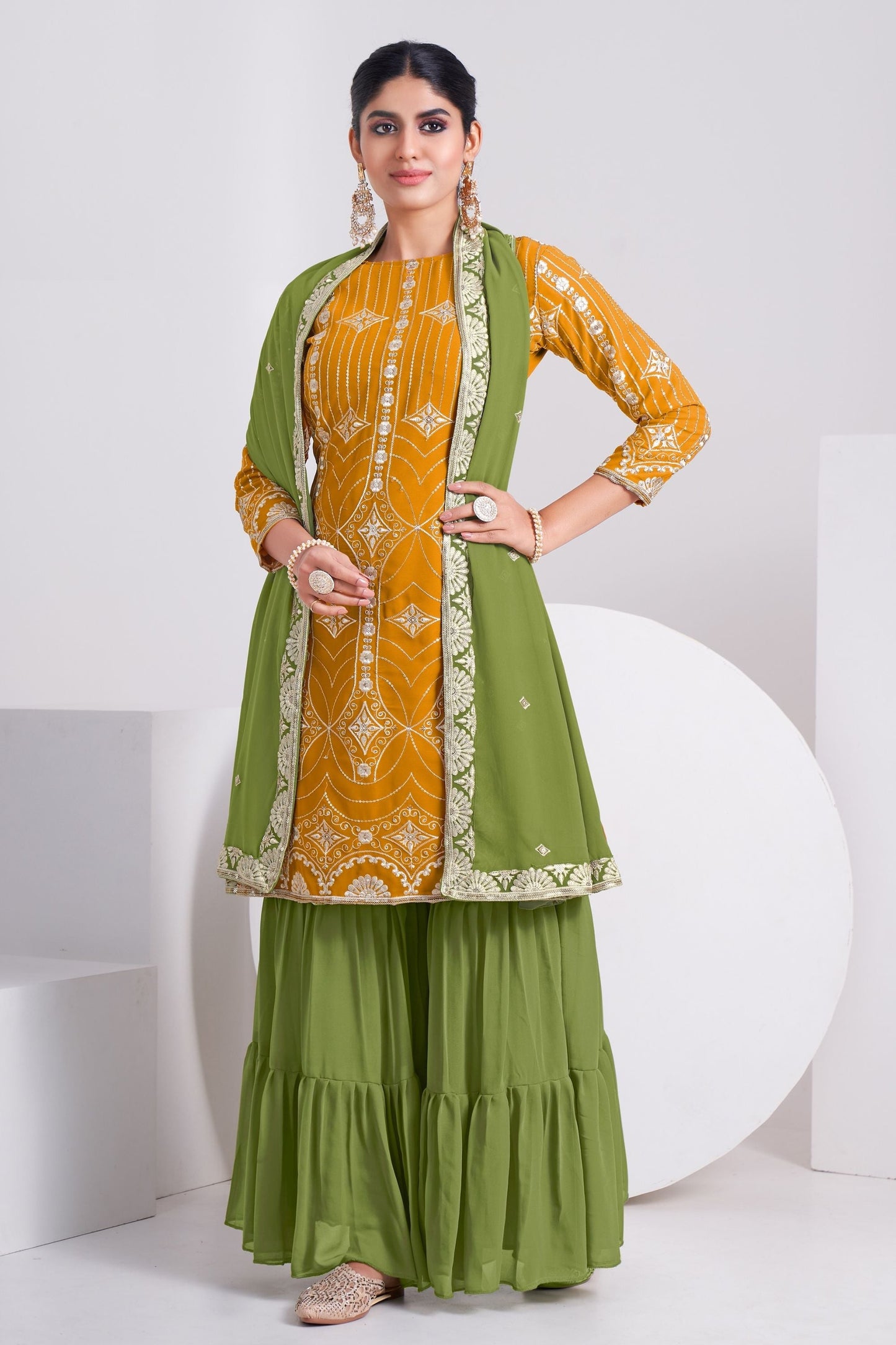 Yellow Georgette Sharara suit - Sequence Embroidery Work, Thread Embroidery Work