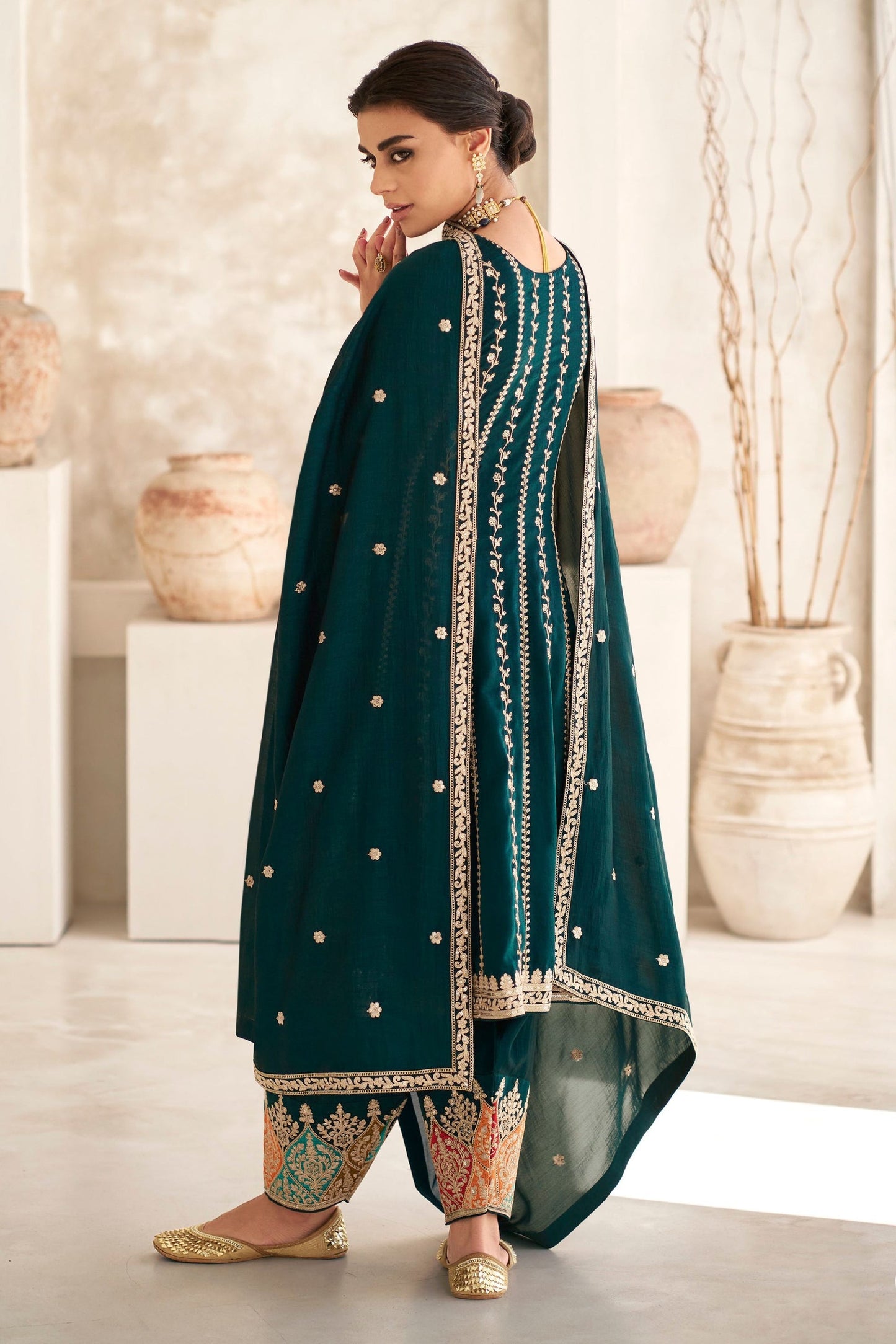 Teal Grean Chinon Silk Salwar suit - Thread Embroidery Work