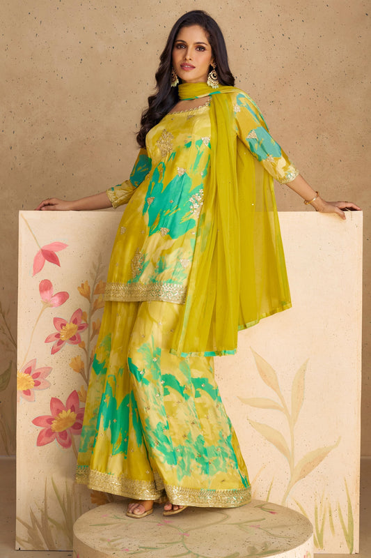 Parrot Green Chinon Silk Flower Printed Plazo Suit for Indian Partywear & Weddings - Print Work, Embroidery Work