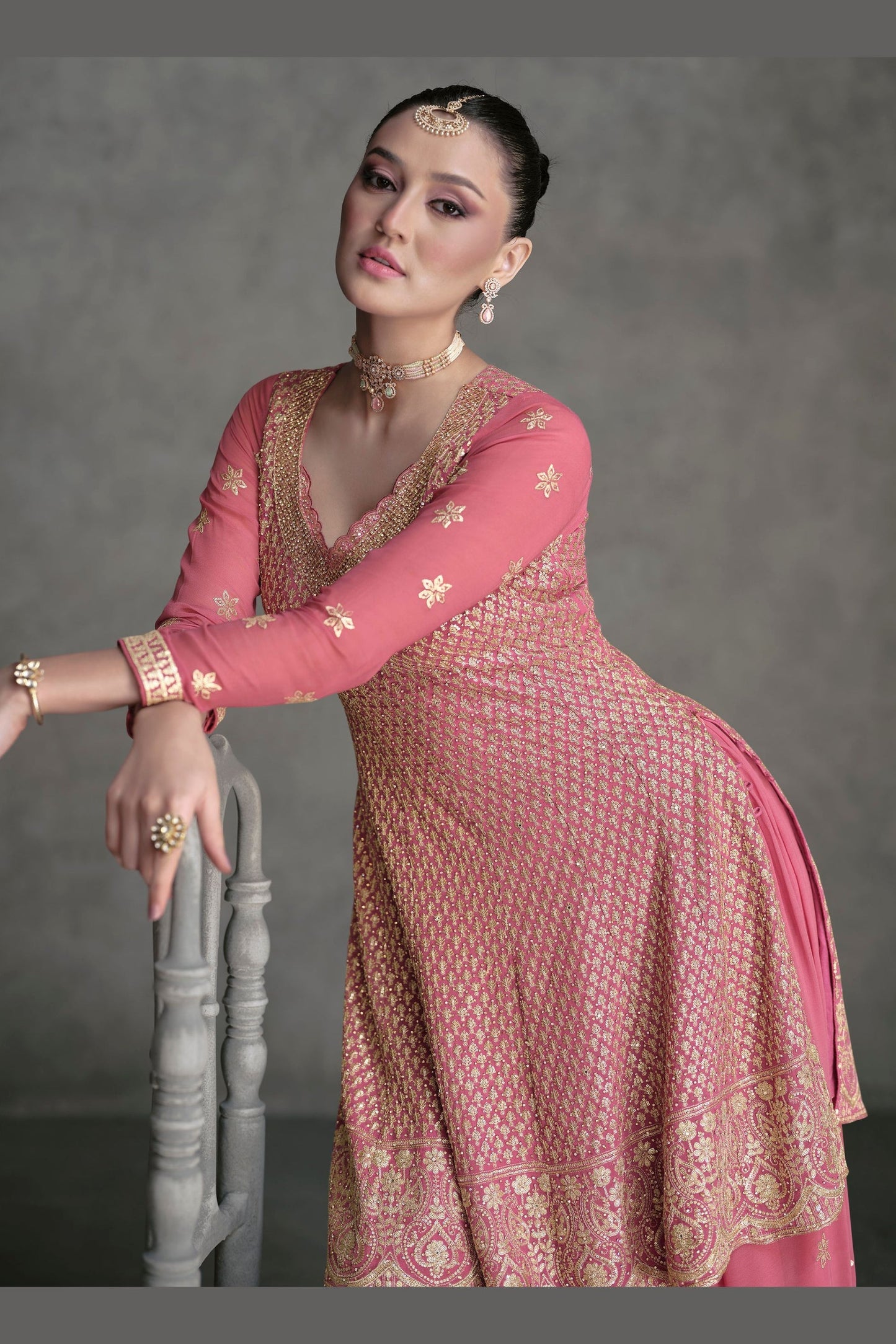 Pink Georgette Plazo Suits For Festivals & Weddings - Embroidery Work