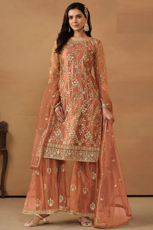 Peach Net Sharara Suit - Thread & Sequence Embroidery Work