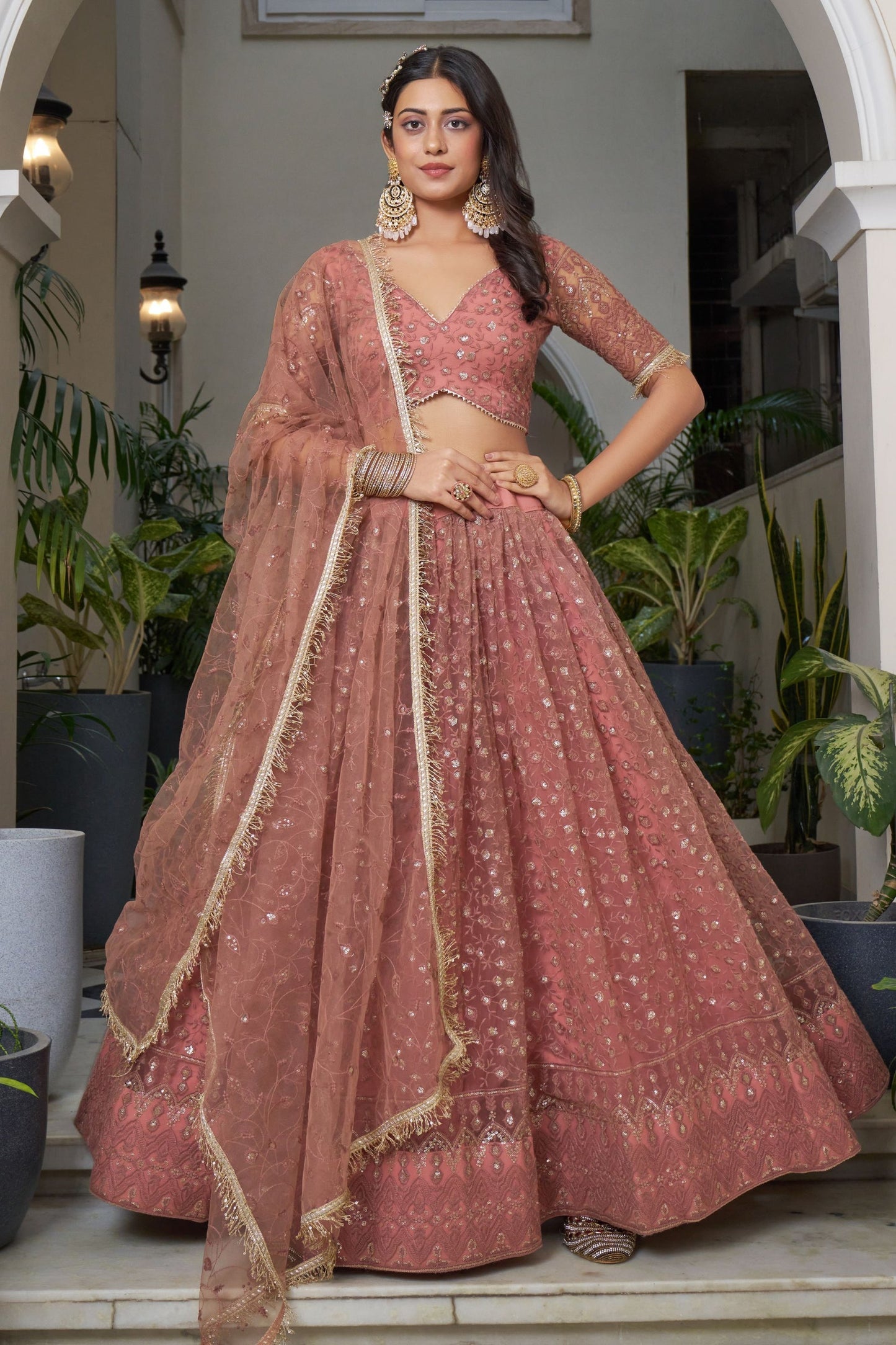 Peach Net Embroidered Lehenga Choli For  Festival & Weddings - Embroidery Work