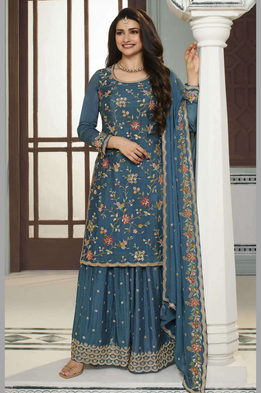 Blue Chinon Silk Floral Plazo Suit For  Festivals &  Weddings Dress - Embroidery Work