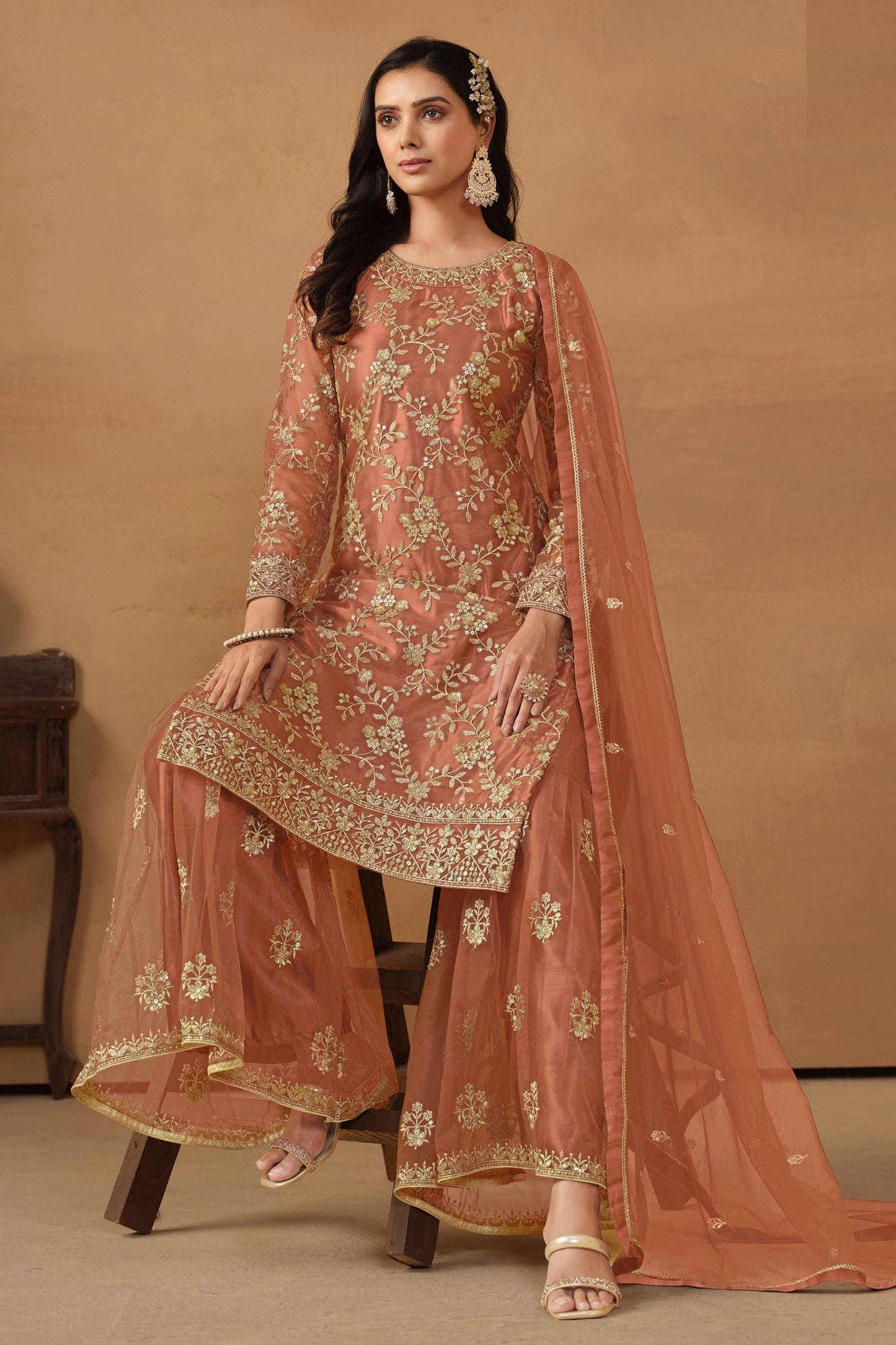 Peach Net Sharara Suit - Thread & Sequence Embroidery Work