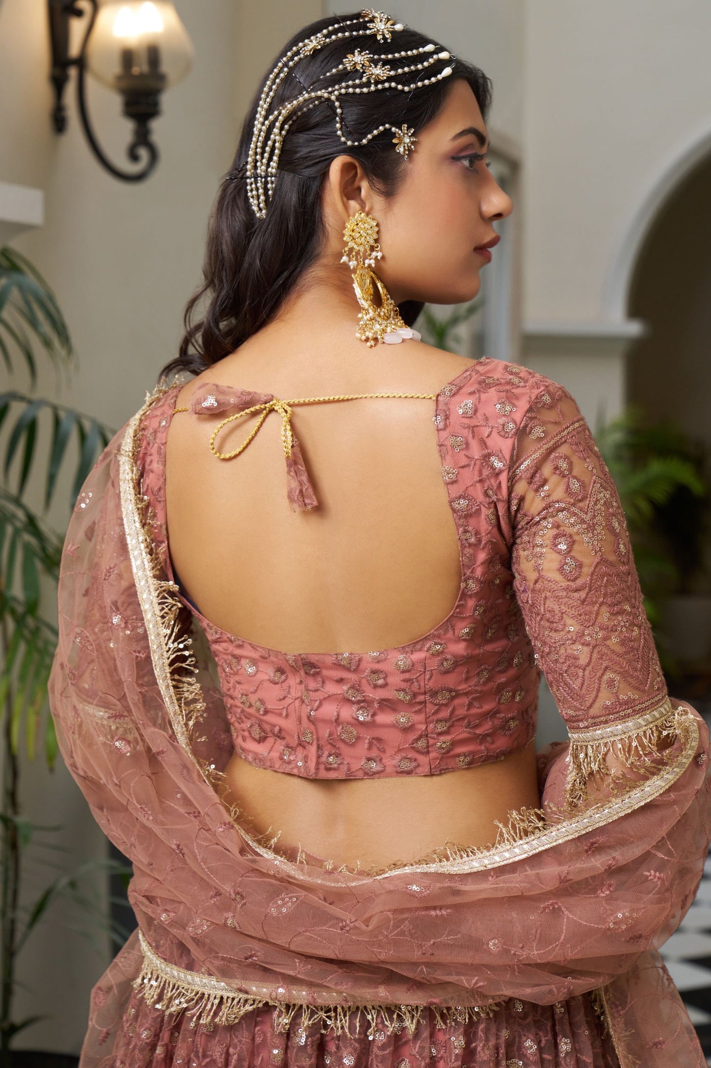 Peach Net Embroidered Lehenga Choli For  Festival & Weddings - Embroidery Work