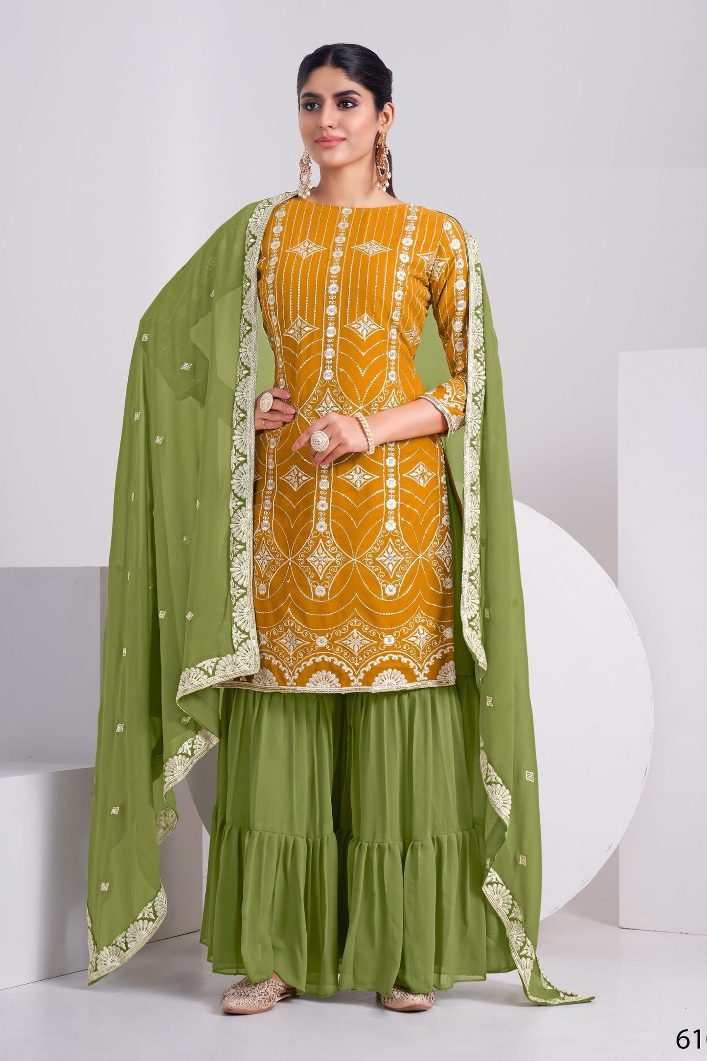 Yellow Georgette Sharara suit - Sequence Embroidery Work, Thread Embroidery Work