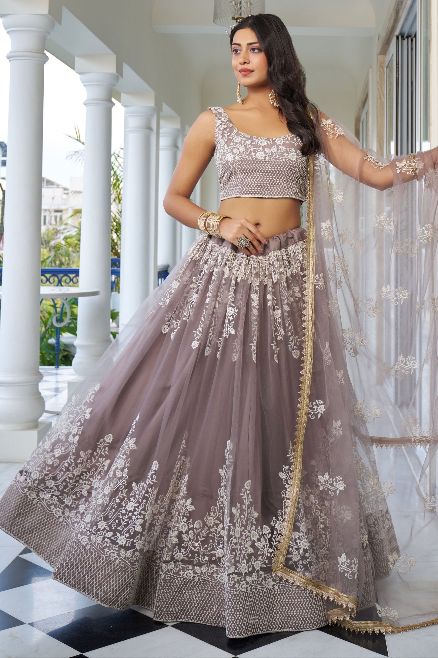 Grey Net Embroidered Lehenga Choli For  Festival & Weddings - Embroidery Work