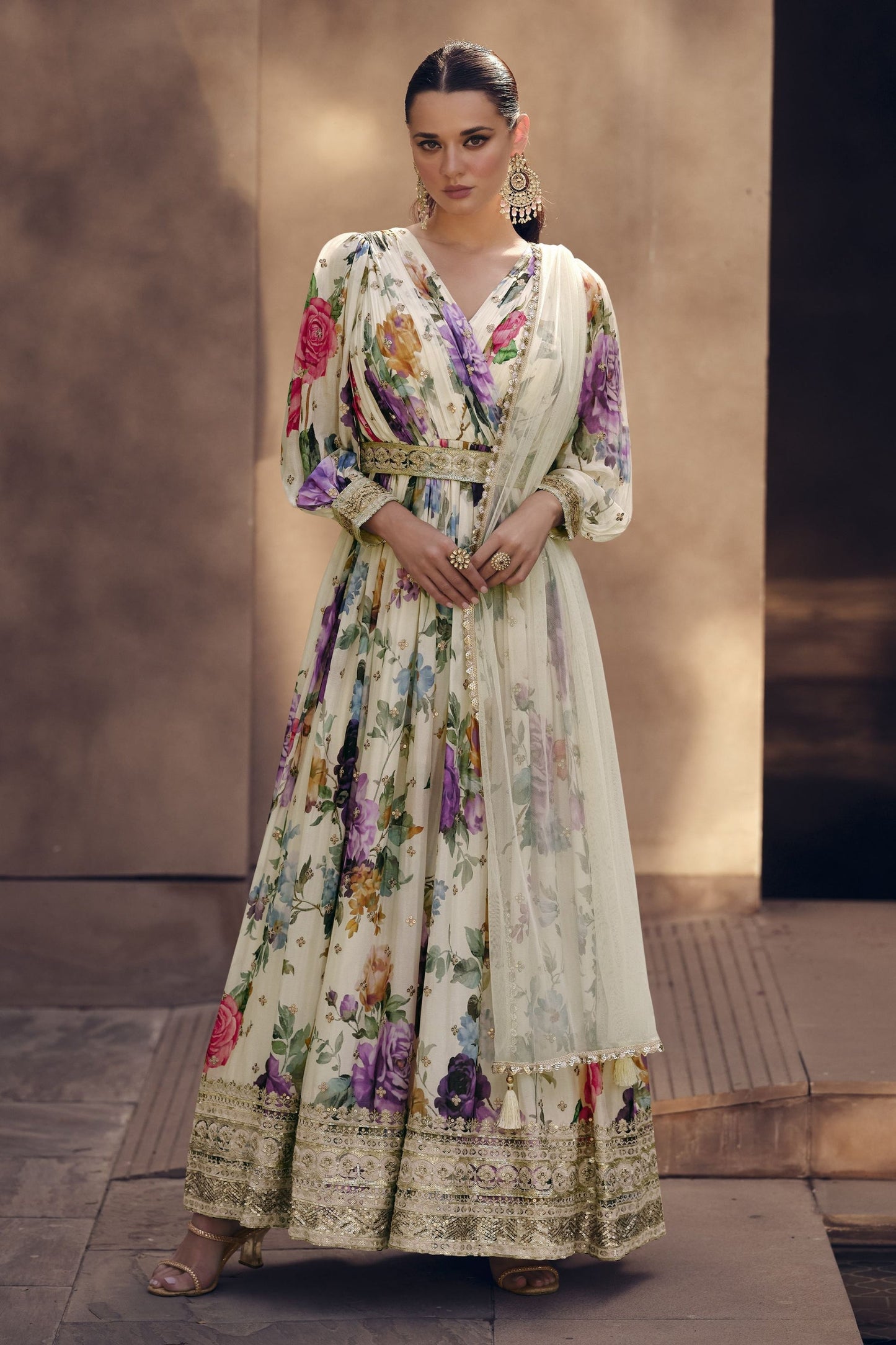 White Georgette Floor Full Length Flower Printed Anarkali Gown For  Festivals & Weddings - Embroidery Work, Print Work