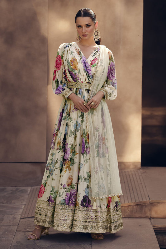 White Georgette Floor Full Length Flower Printed Anarkali Gown For  Festivals & Weddings - Embroidery Work, Print Work