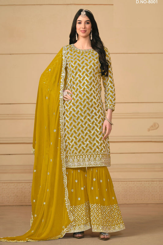 Golden Georgette Sharara Suit - Embroidery Work
