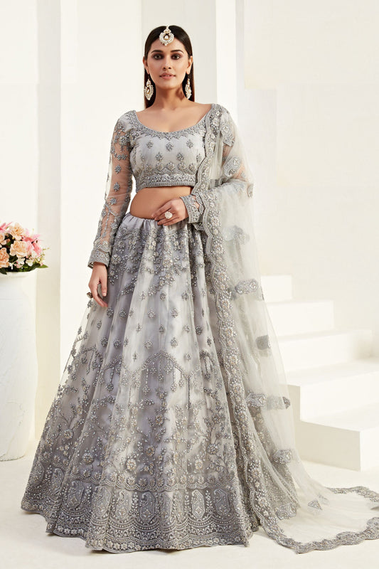 Grey Net Lehenga Choli For Festivals & Weddings - Thread Embroidery Work, Codding Embroidery Work, Butta Work, Stone Work