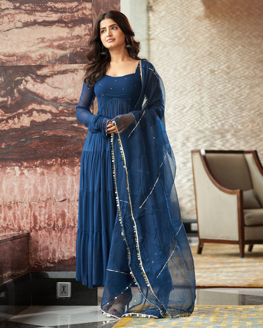 Stitched Anarkali Georgette Suit Set + Dupatta : Blue