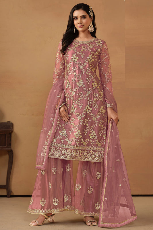 Pink Net Sharara Suit - Thread & Sequence Embroidery Work