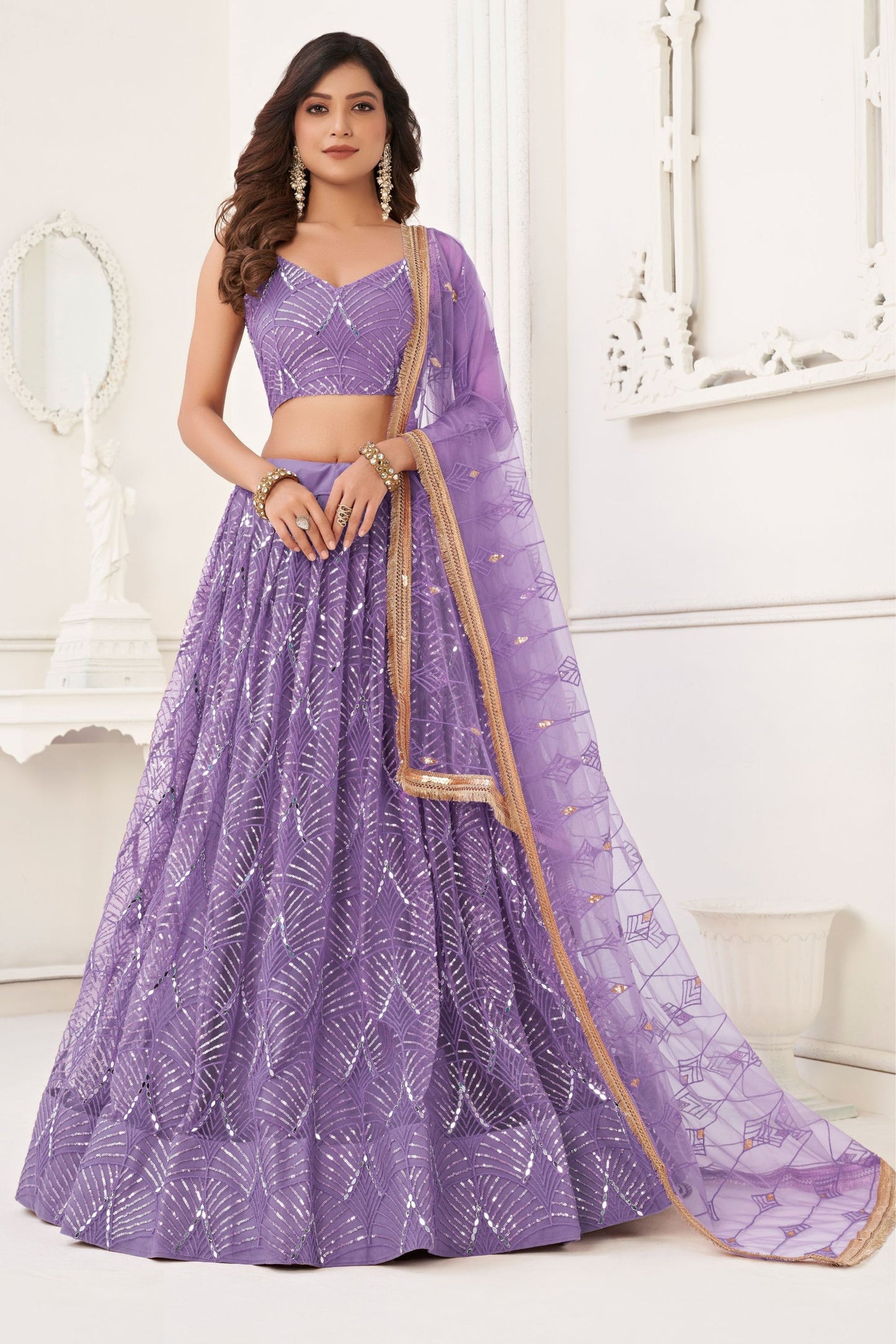 Purple Net Embroidered Lehenga Choli For  Festival & Weddings - Embroidery Work