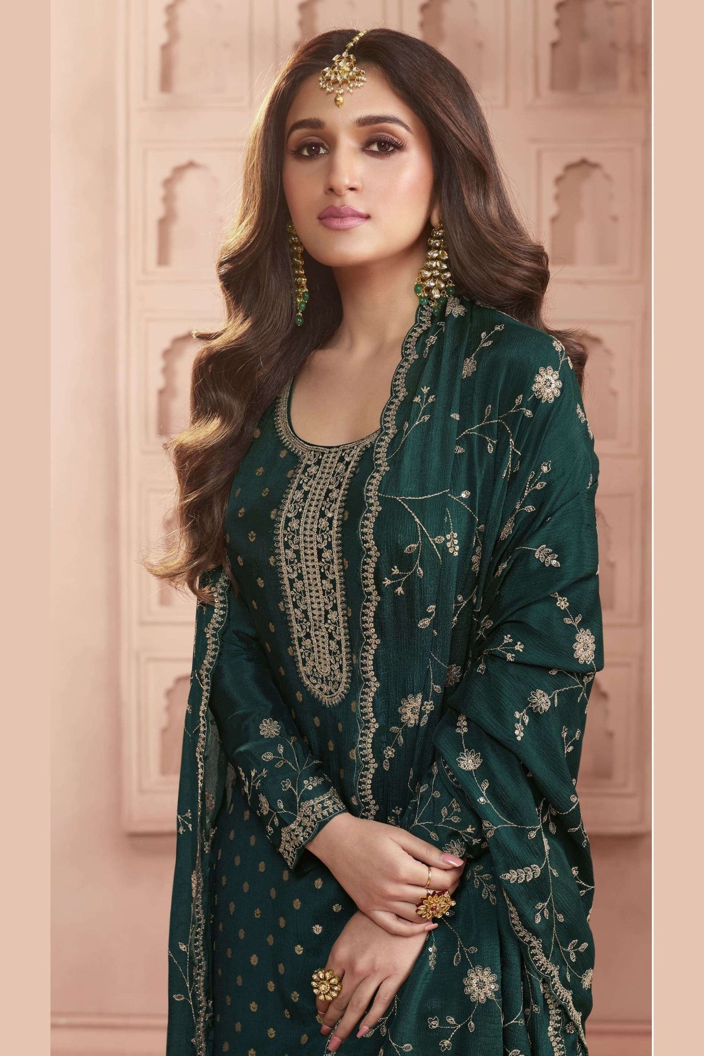 Teal Silk suit with Pant - Thread Embroidery Work