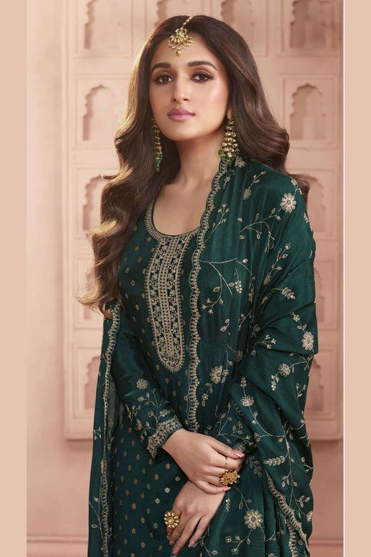 Teal Silk suit with Pant - Thread Embroidery Work