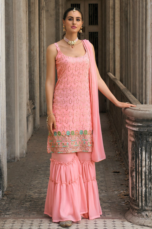 Baby Pink Georgette Sharara Suit - Thread & Sequence Embroidery Work