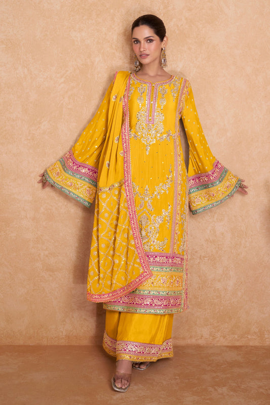 Yellow Chinon Plazo Suit For Indian Festivals & Weddings - Embroidery Work