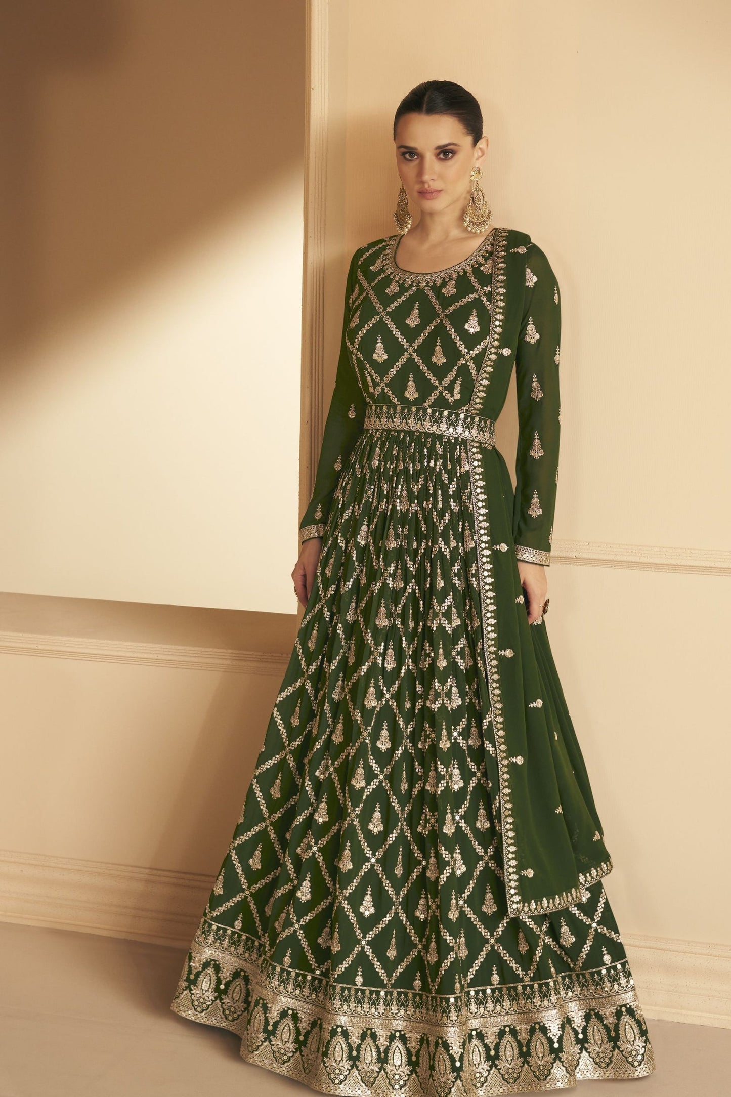 Green Georgette Anarkali Gown For  Festivals & Weddings - Thread Embroidery Work