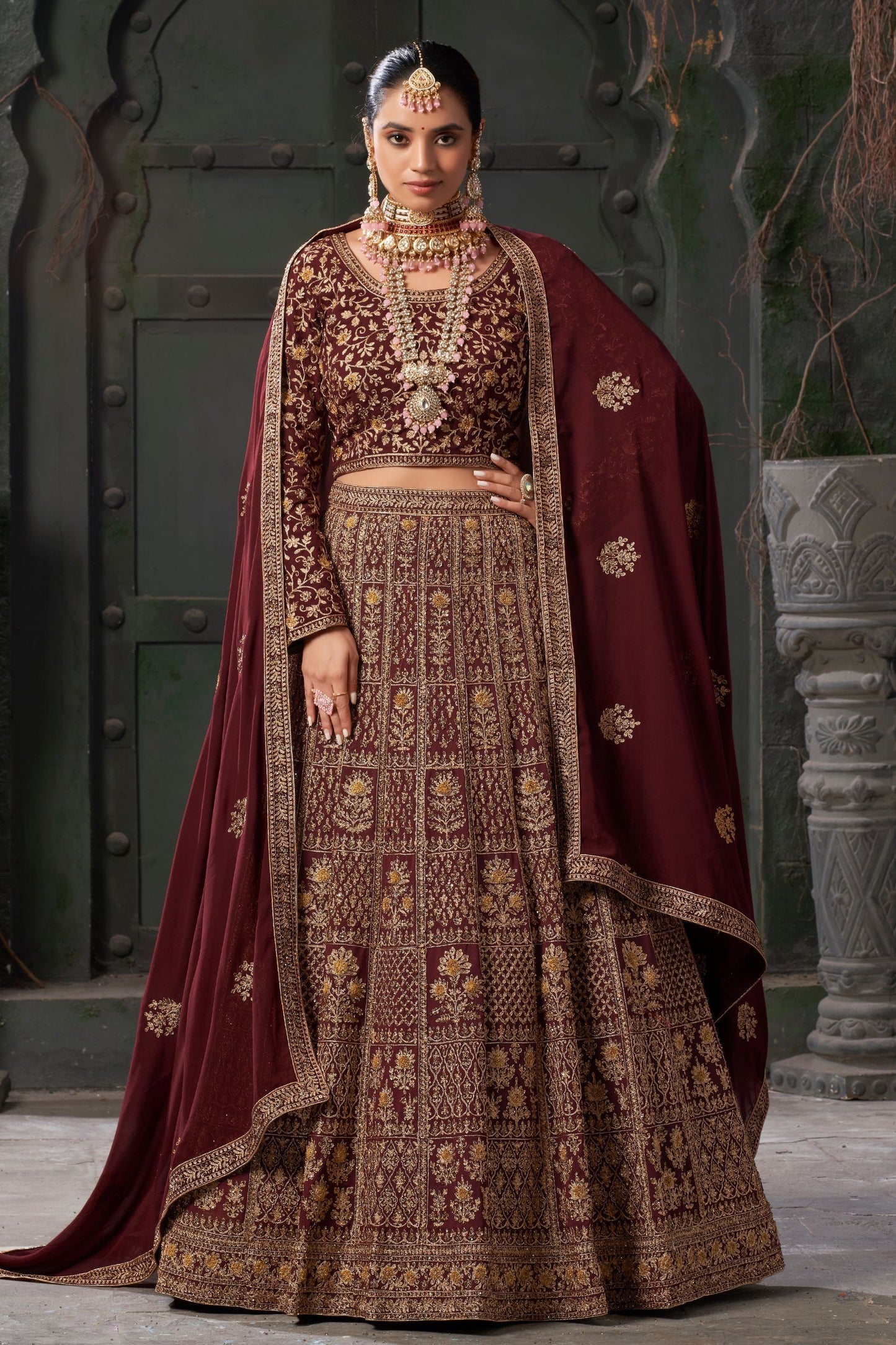 Maroon Georgette Embroidered Lehenga Choli For  Festival &  Wedding - Embroidery Work, Zarkan Work, Codding Work