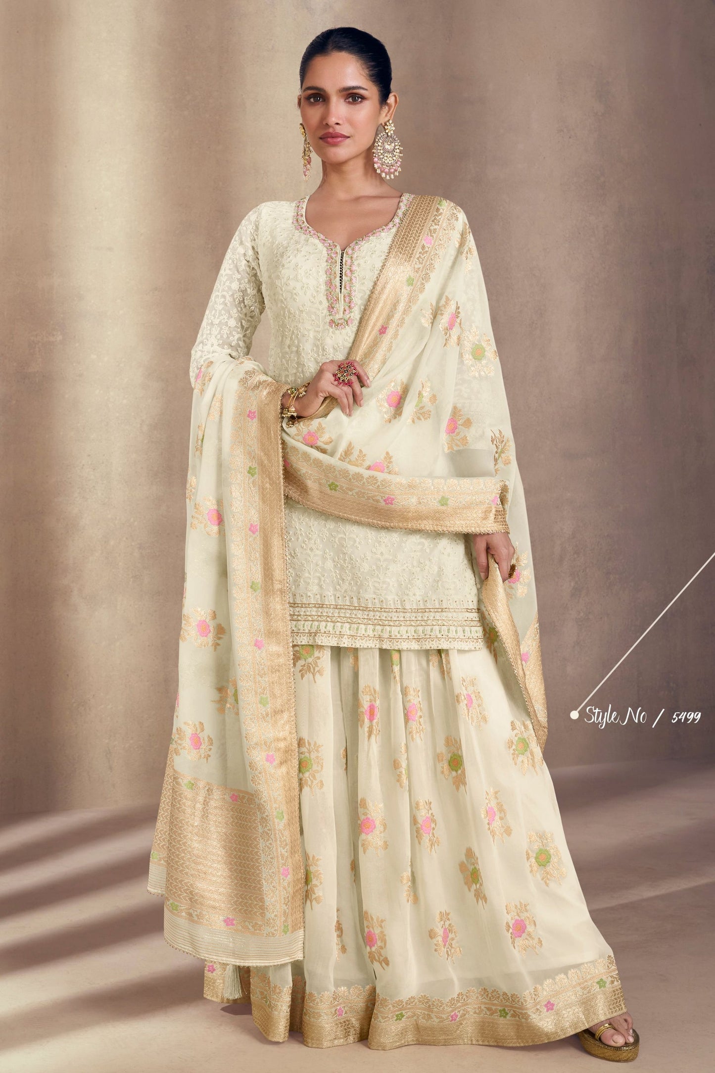 Off White Jacquard Silk Plazo Kameez - Embroidery Work