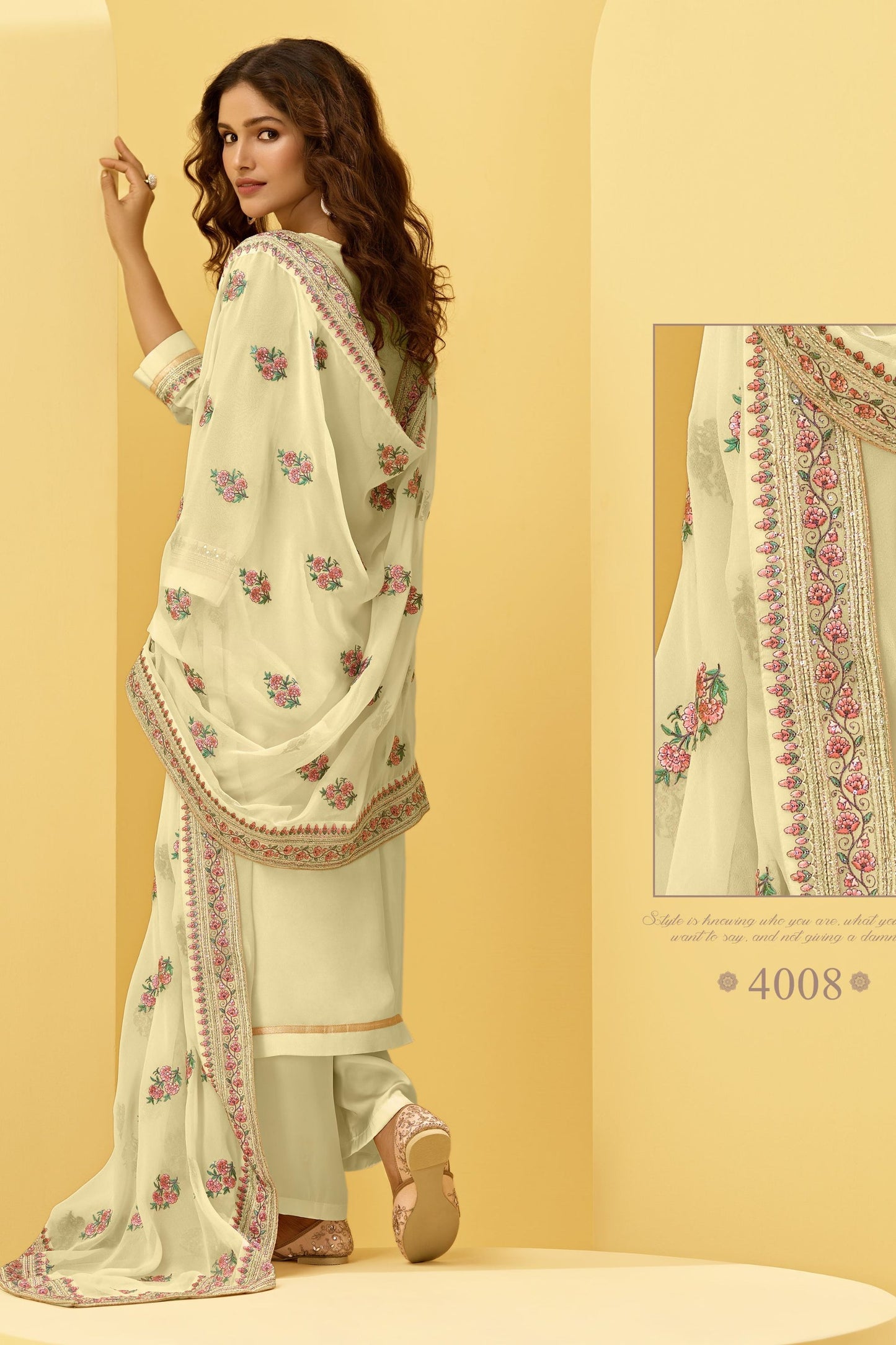 Yellow Georgette salwar suit - Thread Embroidery Work, Swarovski Work