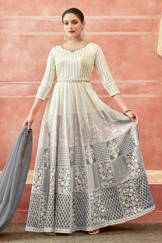 Gray Georgette Full Floor Dual Tone Length Anarkali Gown For  Festivals & Weddings - Thread Embroidery Work, Print Work