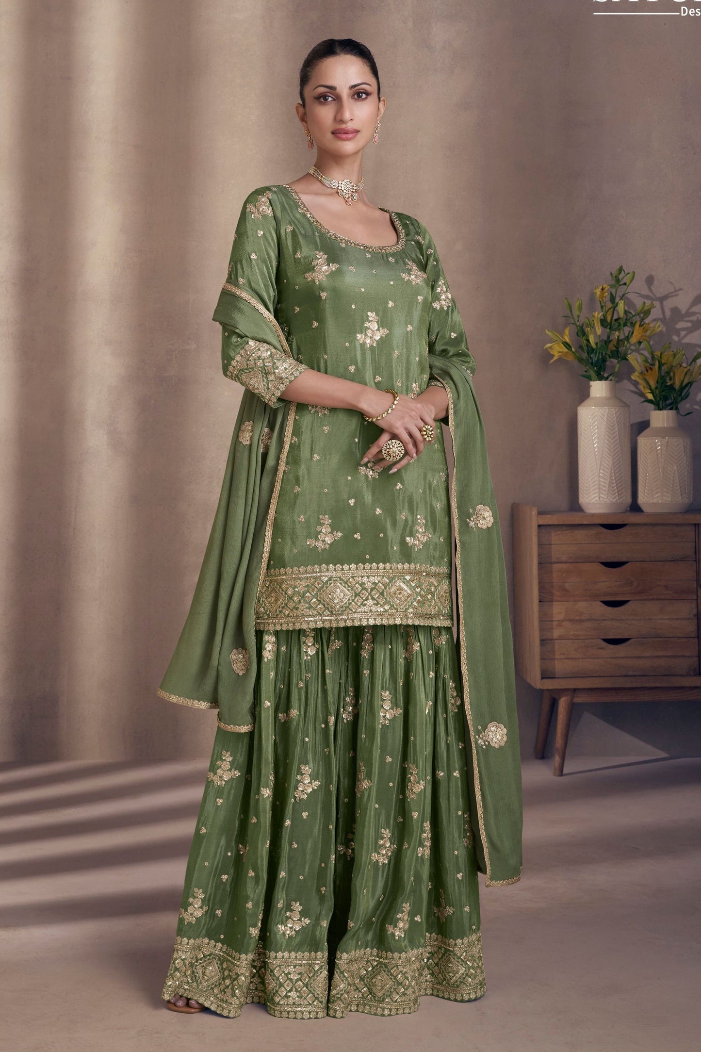 Green Chinon Silk  Sharara Suit - Embroidery Work