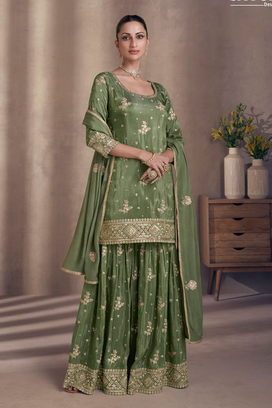 Green Chinon Silk  Sharara Suit - Embroidery Work