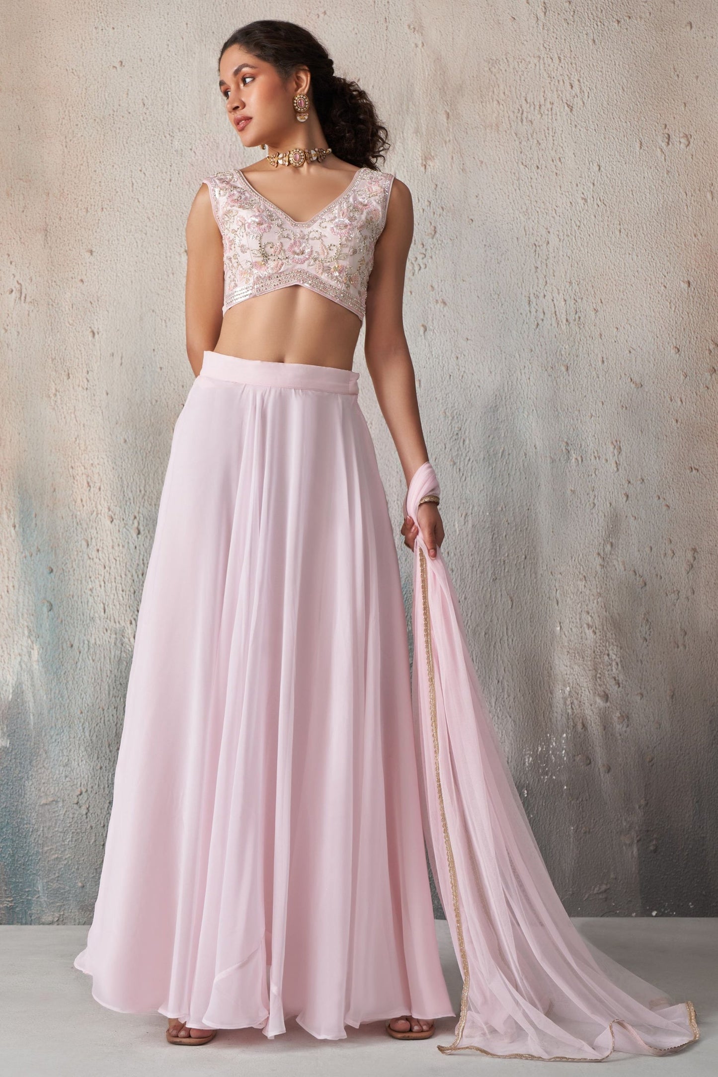 Light Pink Georgette Sleeveless Lehenga Choli For Festivals & Weddings - Khatli Work, Sequence Embroidery Work, Resham Work, Cut Dana Work, Moti Work