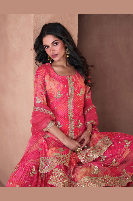 Pink Georgette Organza Sharara Suit - Print Work, Thread Embroidery Work