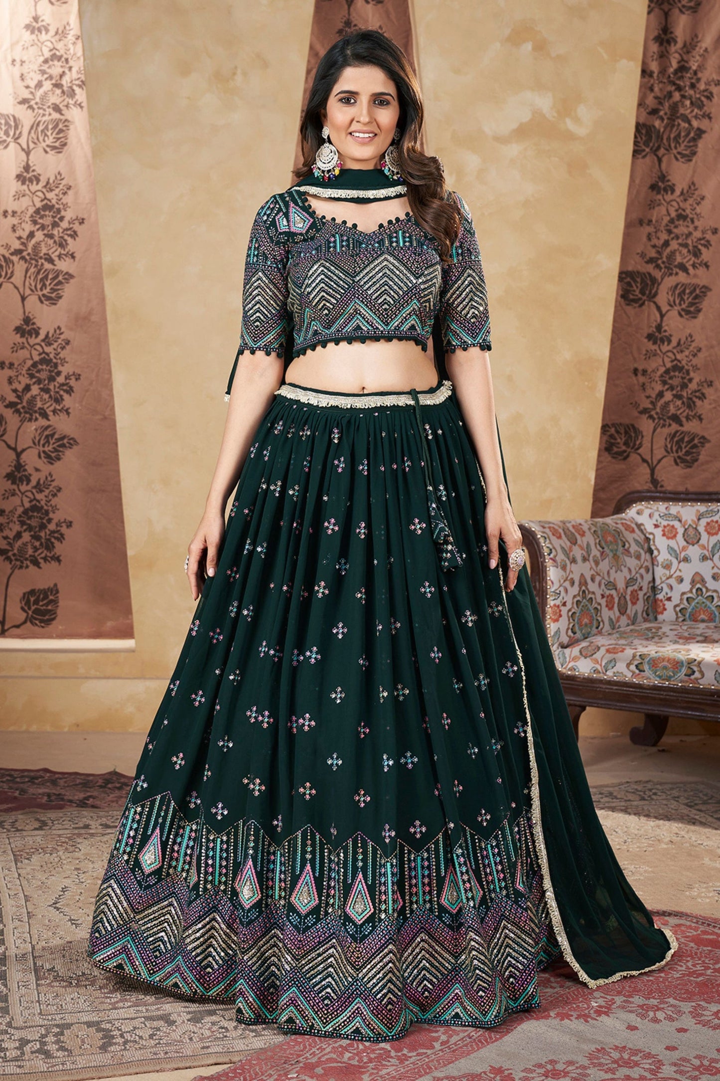 Green Georgette Lehenga Choli For Festivals & Weddings - Thread Embroidery Work, Foil Mirror Work