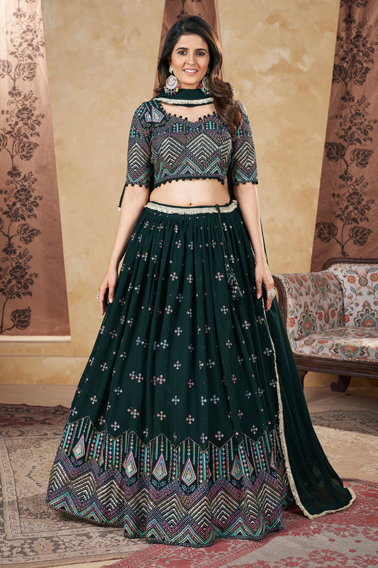 Green Georgette Lehenga Choli For Festivals & Weddings - Thread Embroidery Work, Foil Mirror Work