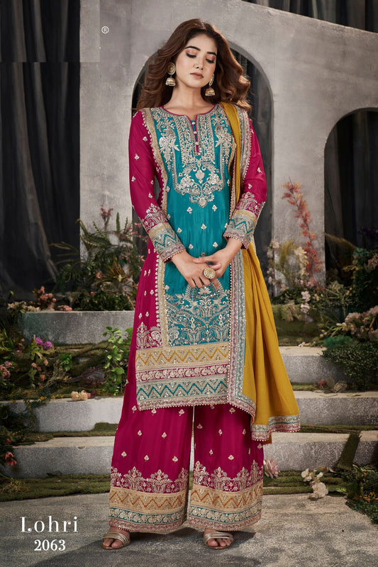 Turquoise Chinon Silk Plazo Suit - Sequence Embroidery Work, Mirror Work