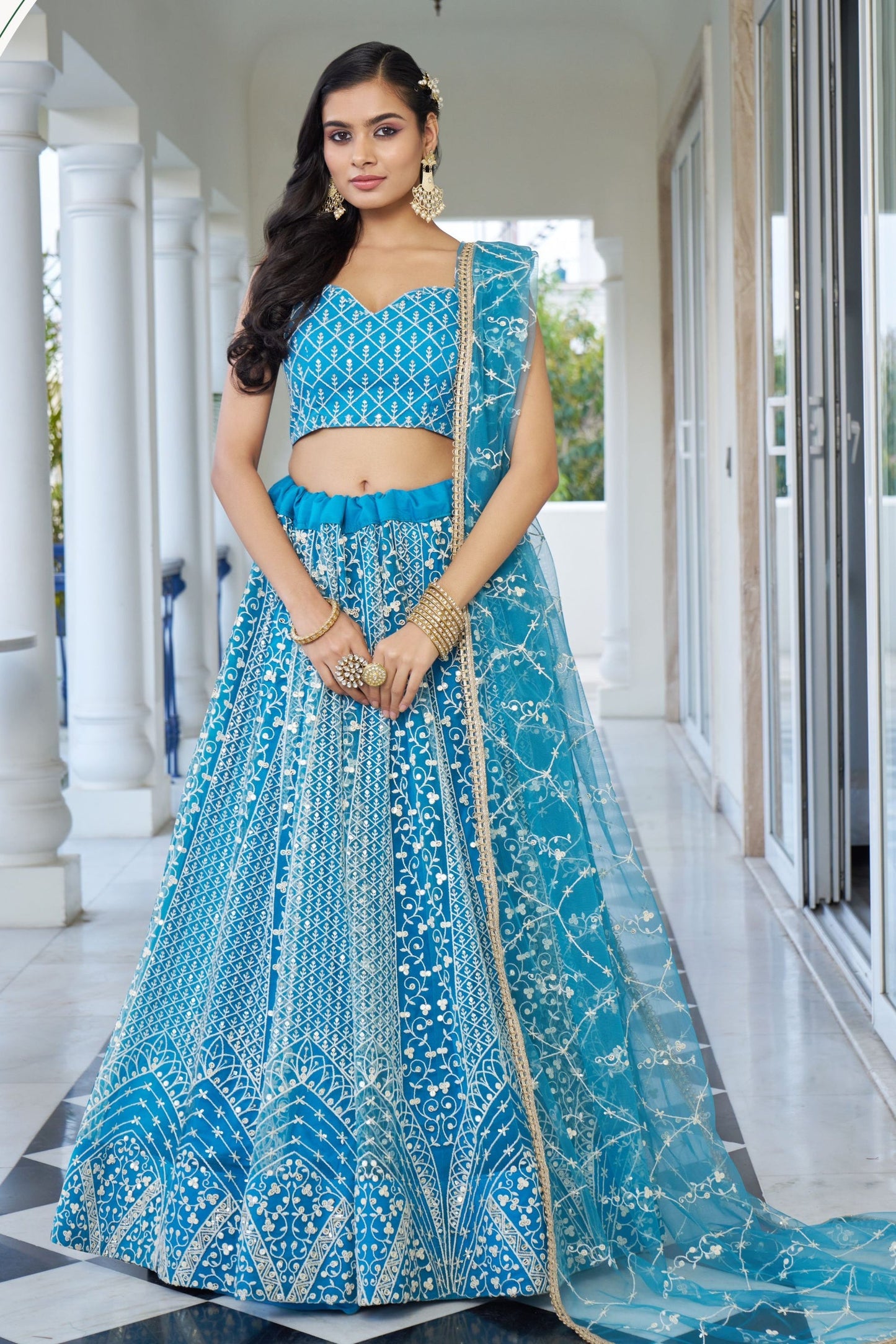 Turquoise Net Embroidered Lehenga Choli For  Festival & Weddings - Embroidery Work