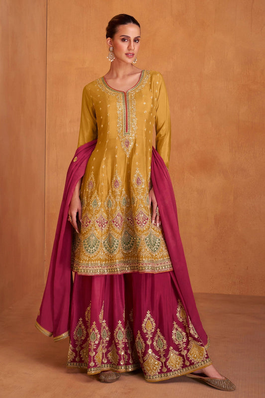 Mustard Chinon Silk Plus Size Plazzo Suit For Indian Festivals & Weddings - Embroidery Work