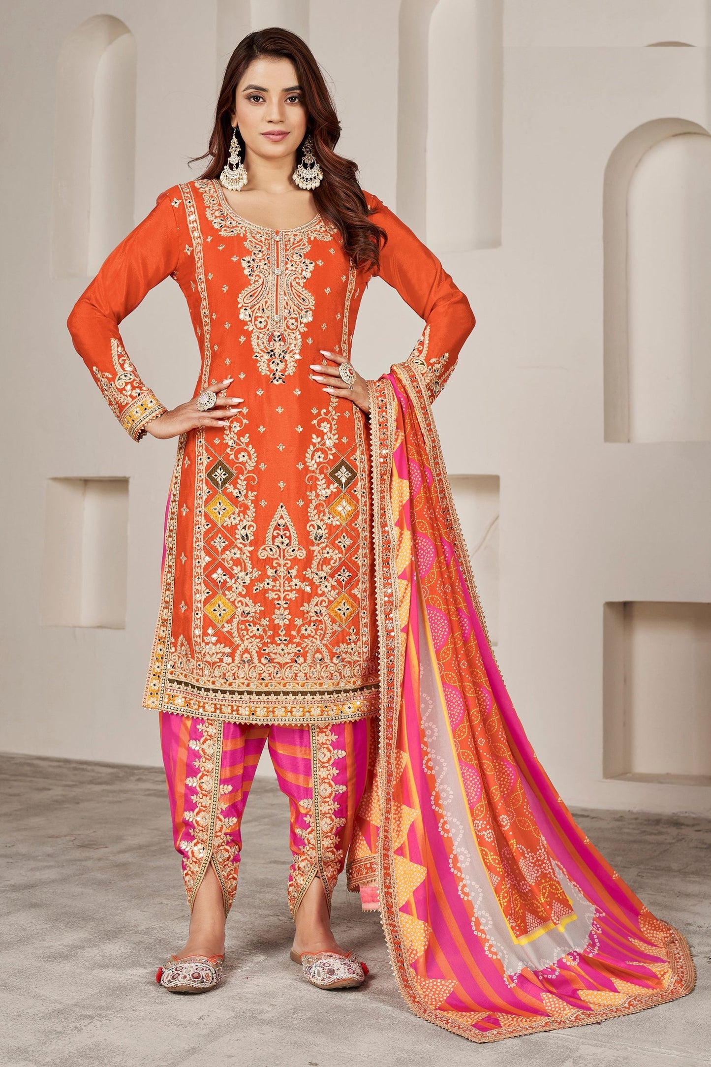 Orange Chinon Silk Salwar suit - Sequence Embroidery Work, Dori Work, Print Work, Mirror Work