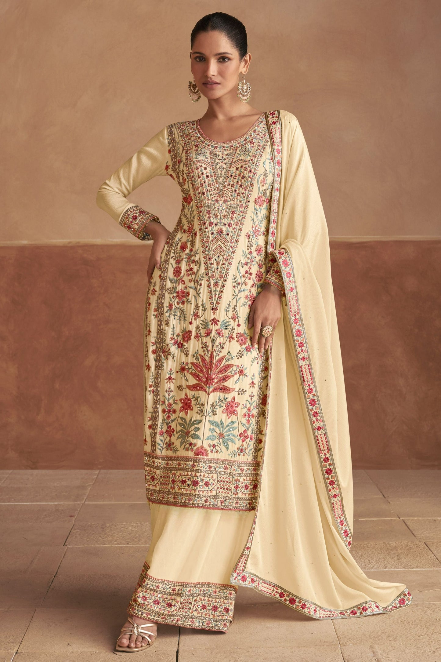 Cream Chinon Silk salwar suit - Embroidery Work