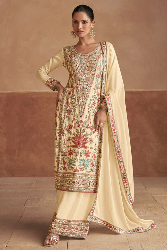 Cream Chinon Silk salwar suit - Embroidery Work
