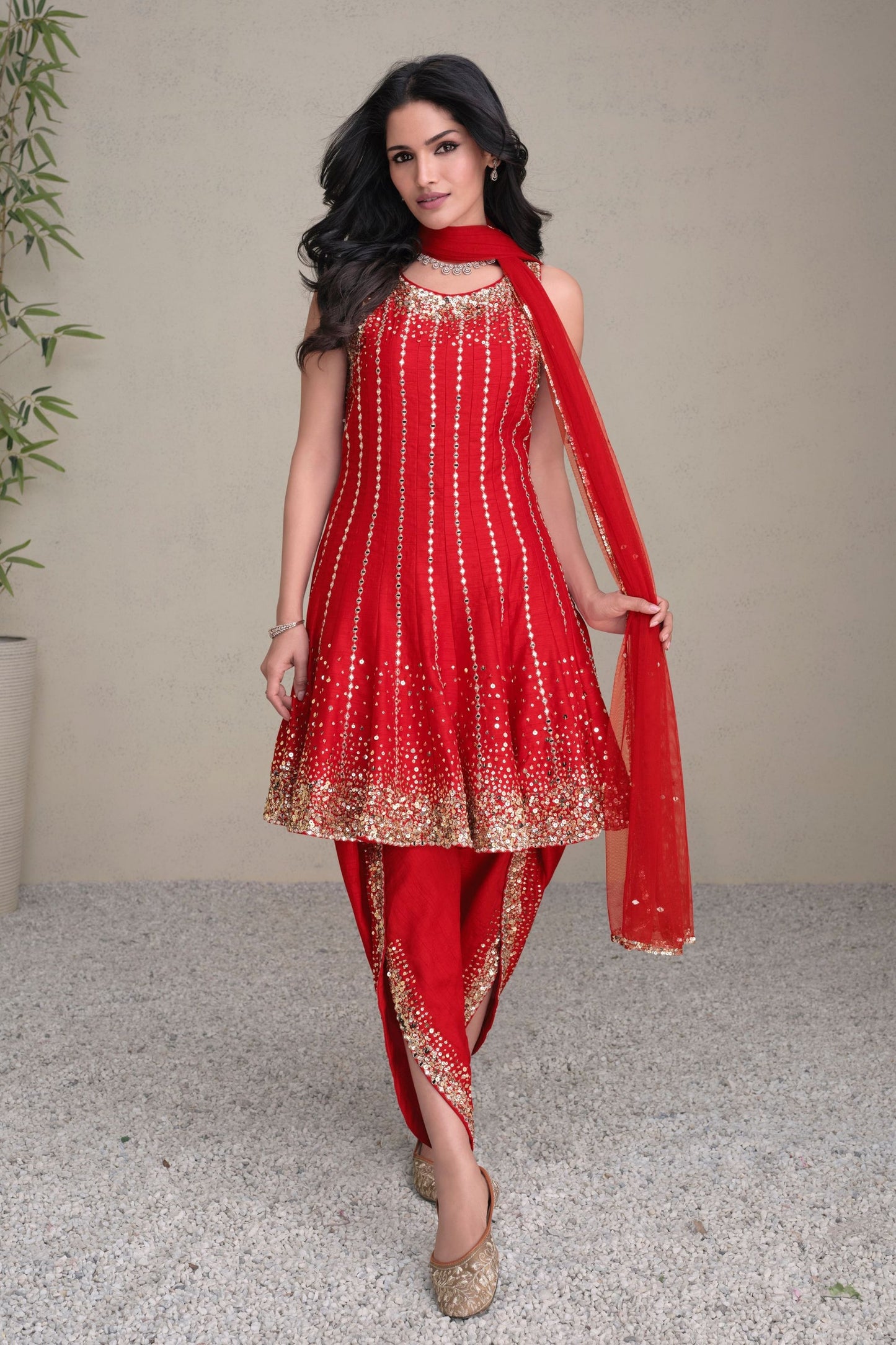 Red Real Silk Dhoti Style salwar Suit - Embroidery Work