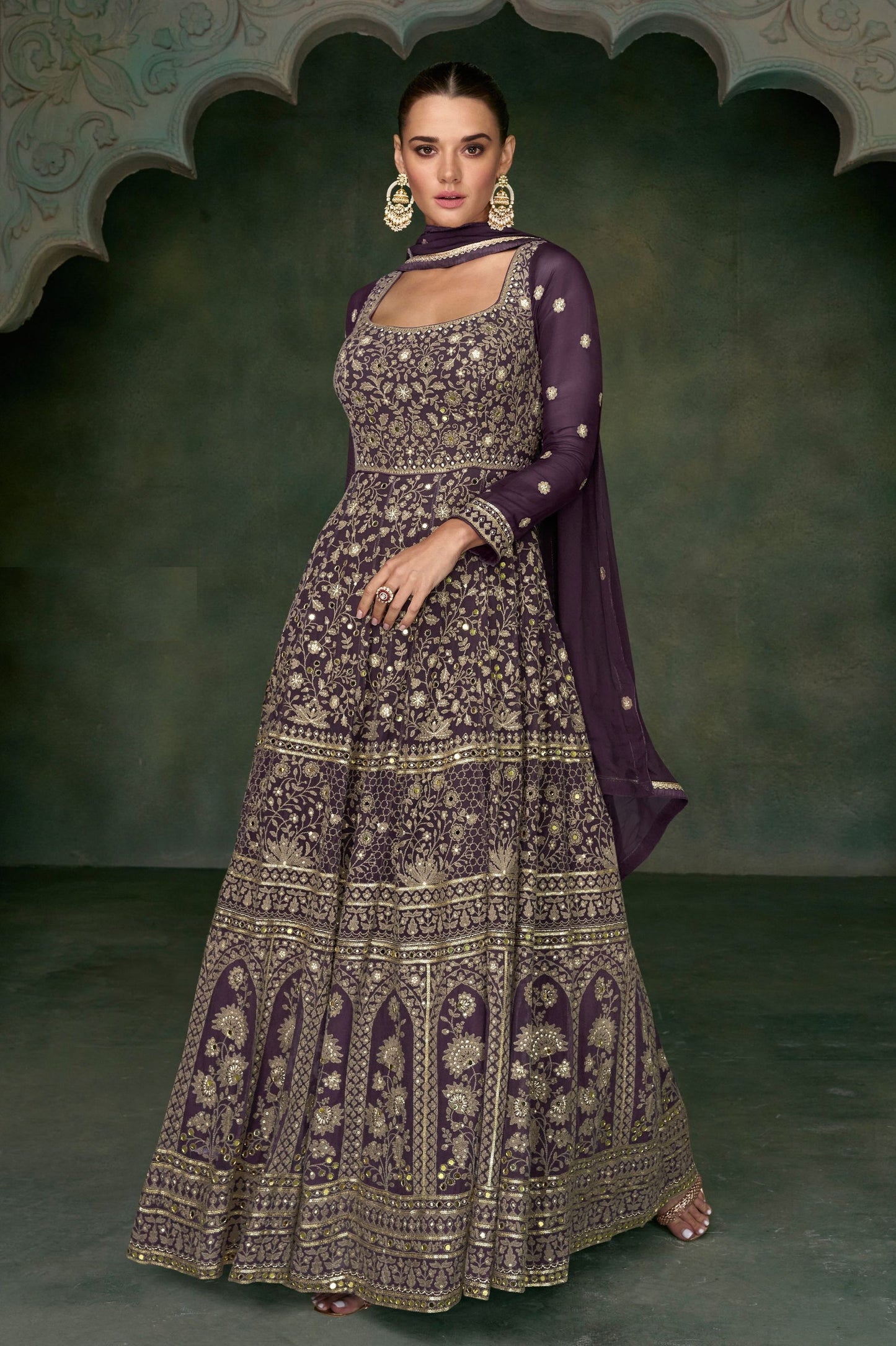 Purple Georgette Floor Full Length Embroidered Anarkali Gown For  Festivals &  Weddings - Embroidery Work