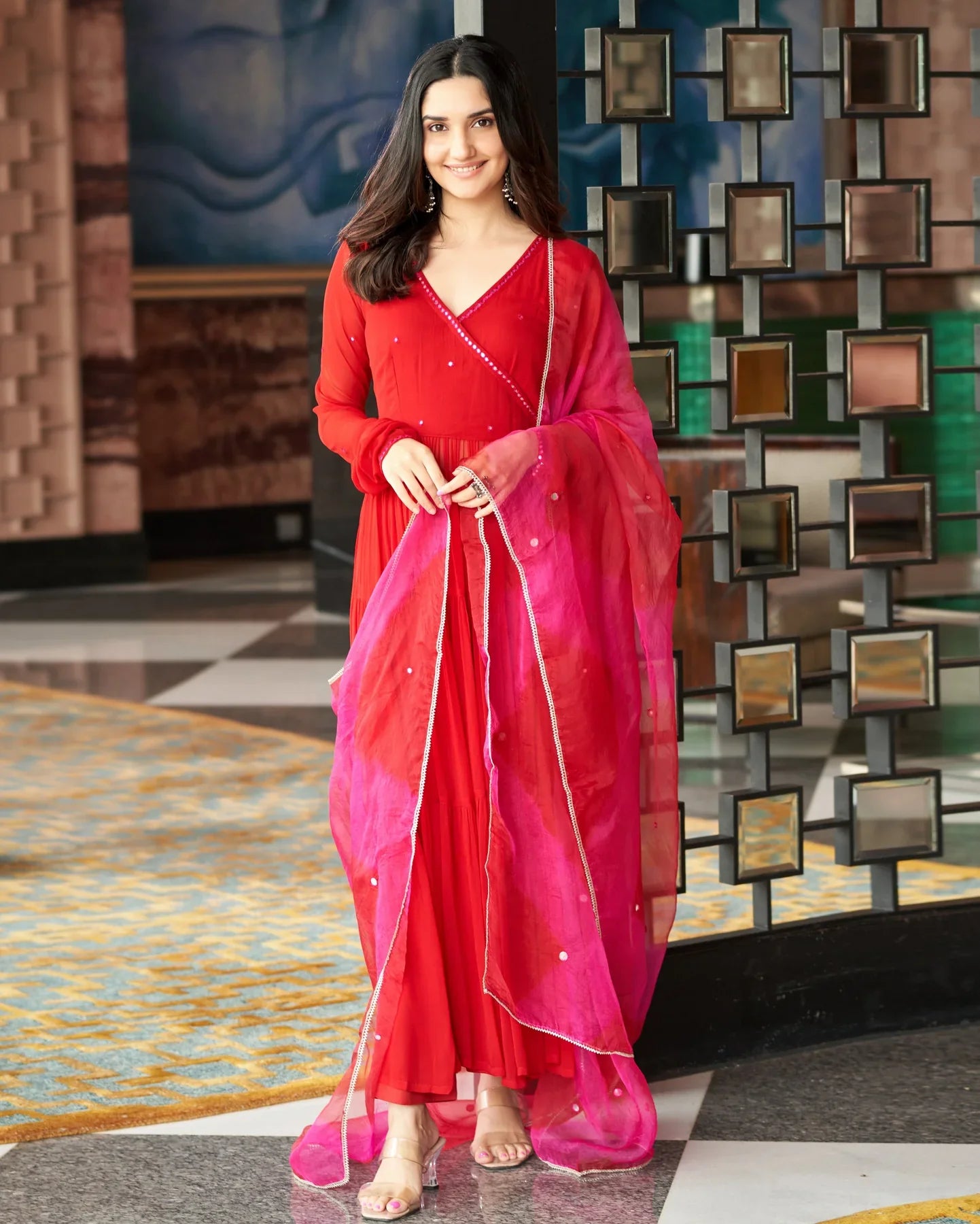 Stitched Anarkali Georgette Suit Set + Dupatta : Red