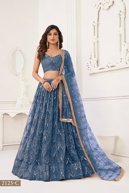Steel Blue Net Embroidered Lehenga Choli For Festival & Weddings - Embroidery Work