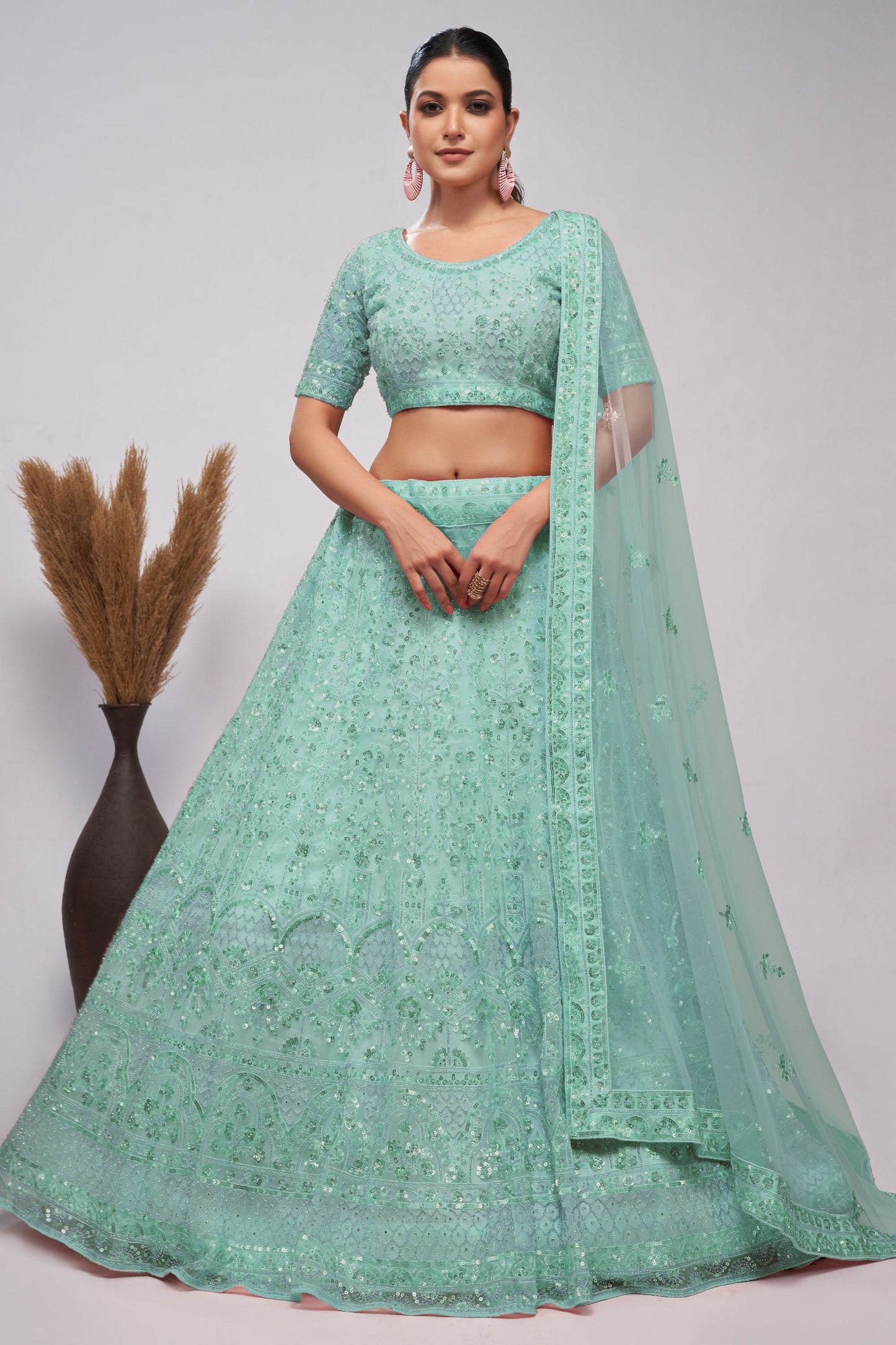 Seafoam Green Net Lehenga Choli For  Festivals & Weddings - Sequence Embroidery Work, Bead Work