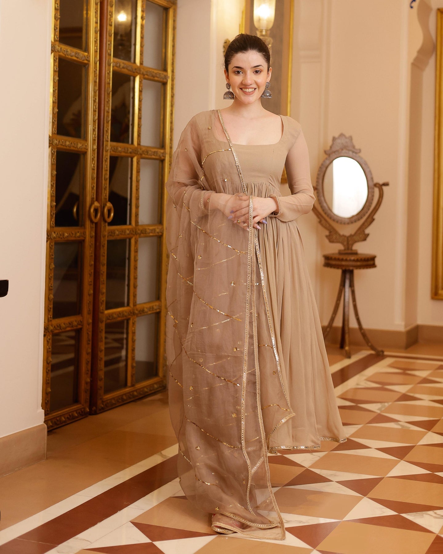 Gotapatti Anarkali Georgette Suit Beige Color