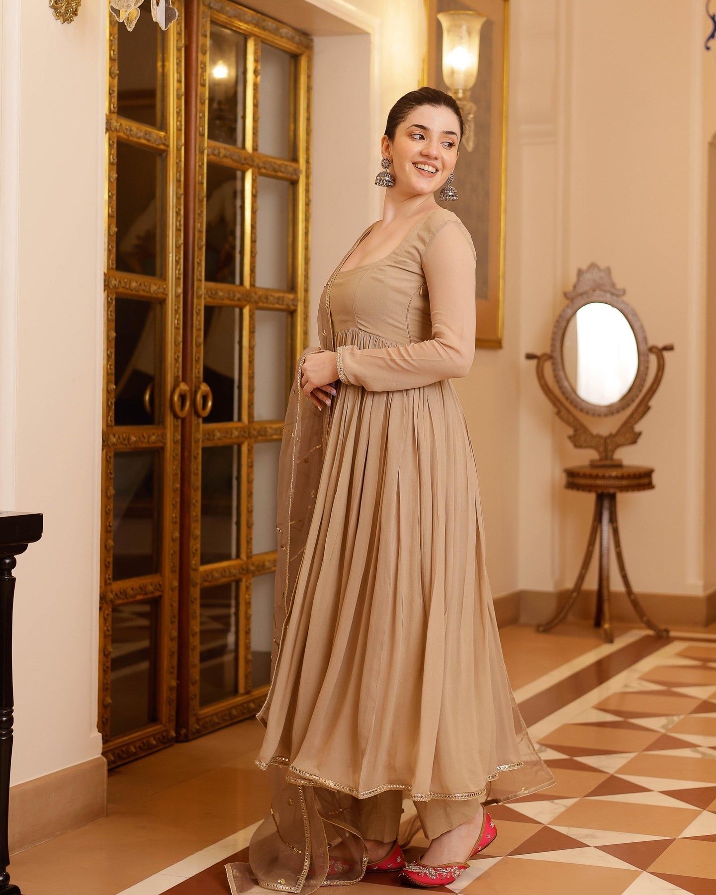 Gotapatti Anarkali Georgette Suit Beige Color