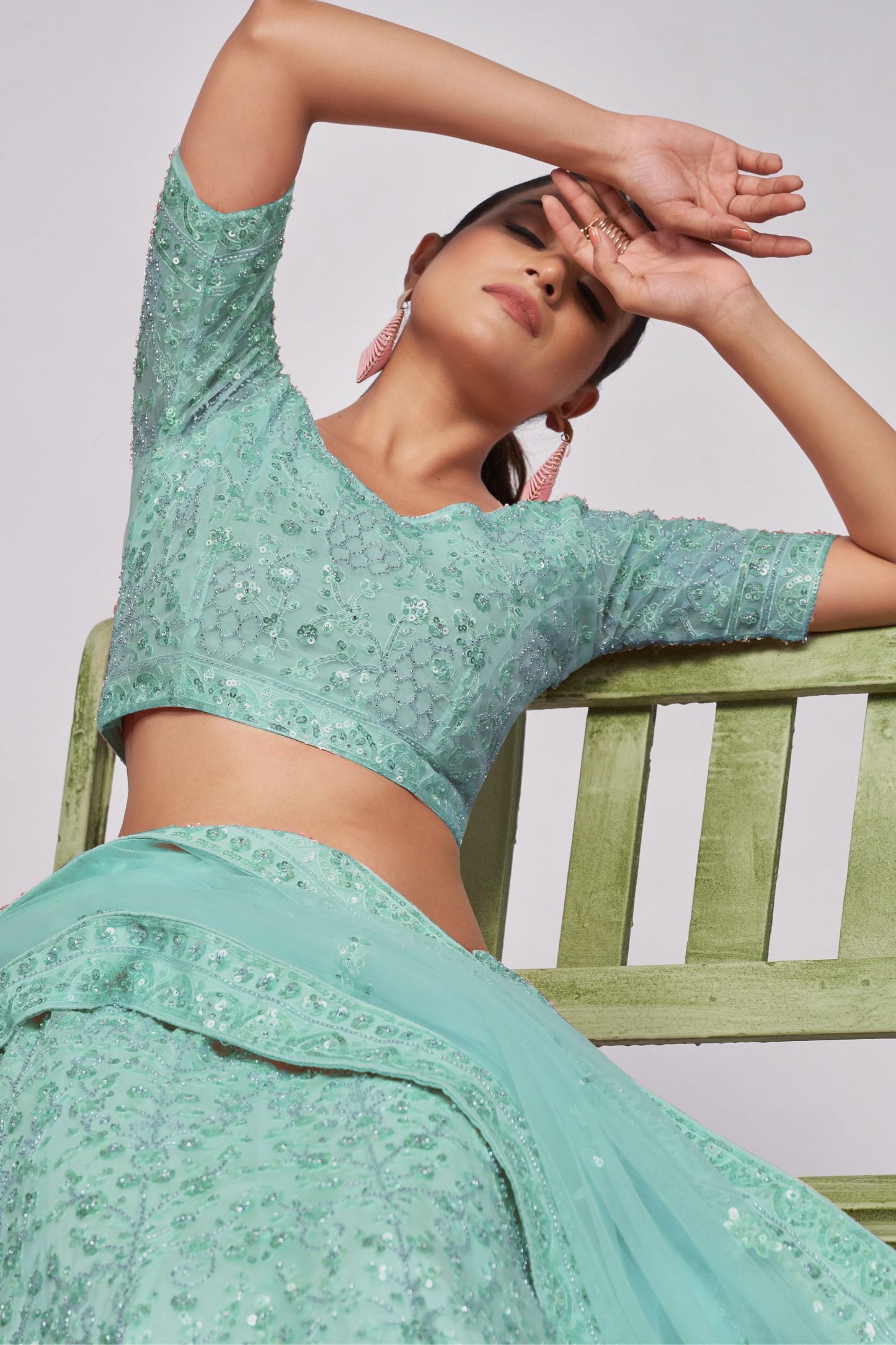 Seafoam Green Net Lehenga Choli For  Festivals & Weddings - Sequence Embroidery Work, Bead Work